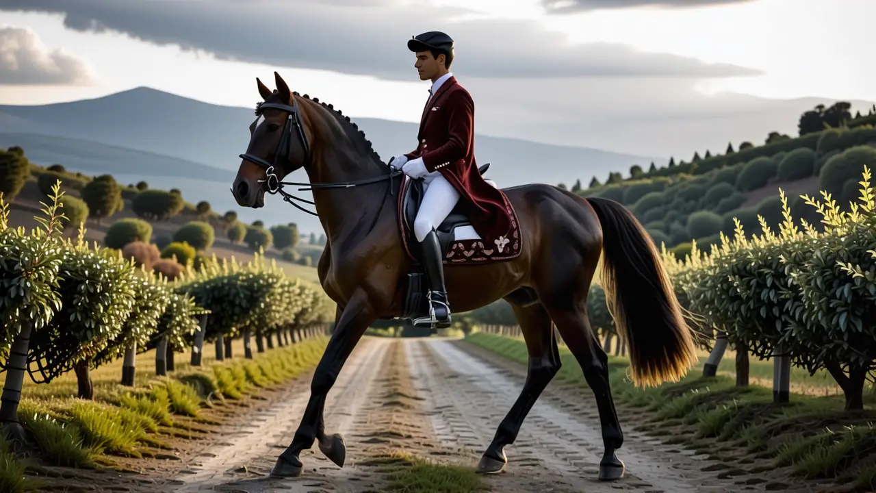 Un jinete español cabalgando en la luz dorada