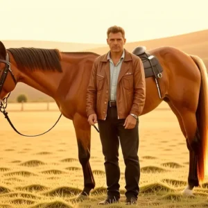 Un hombre español confiado monta su caballo