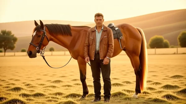 Un hombre español confiado monta su caballo