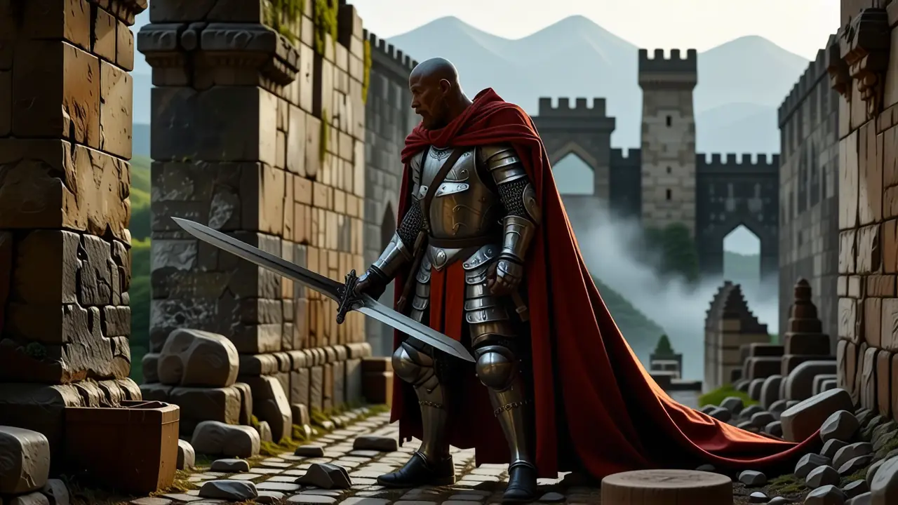 Caballero medieval en ruinas imponente