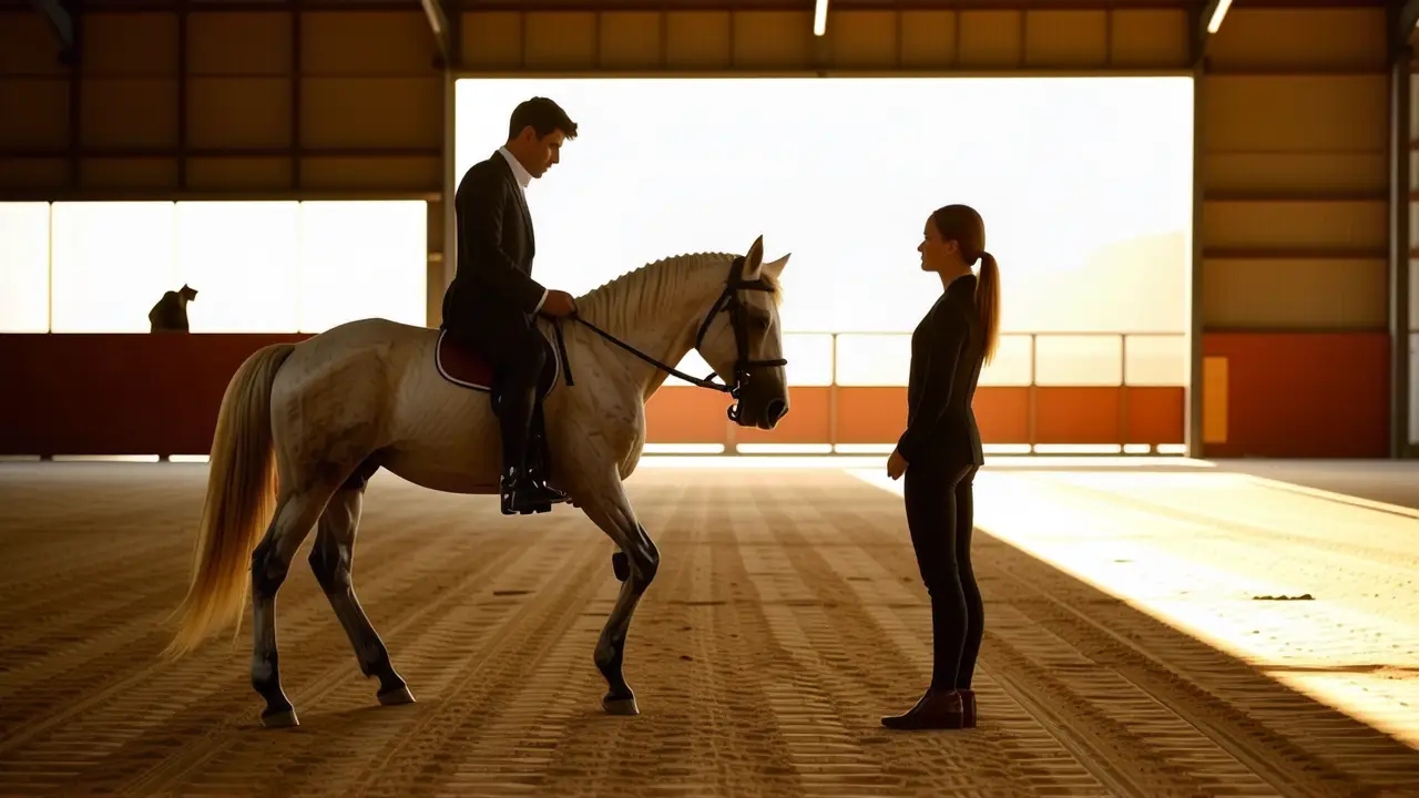 Un jinete observa a su caballo en luz dorada