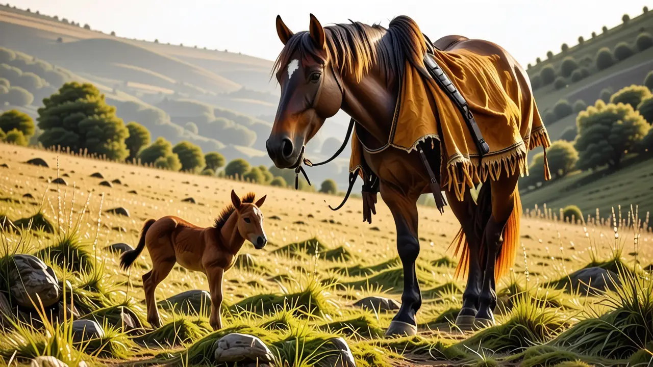 Un caballo navarro serio y su potro