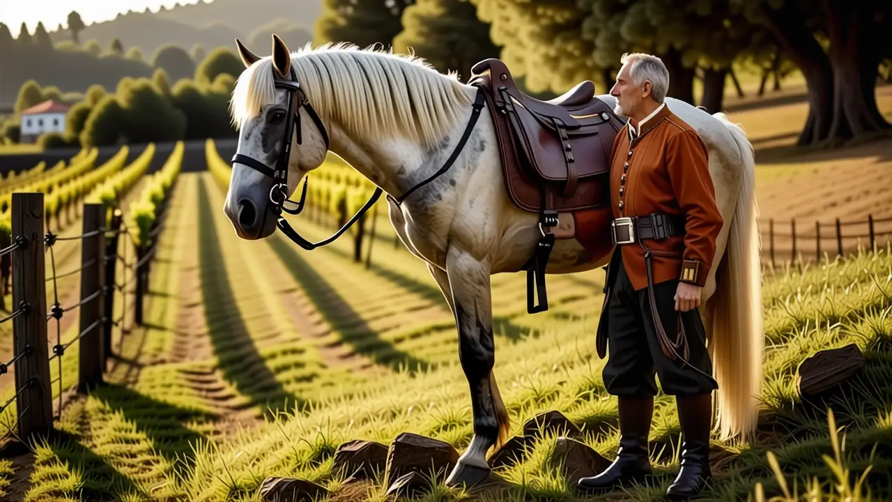 Un hombre navarro contempla su caballo en Navarra