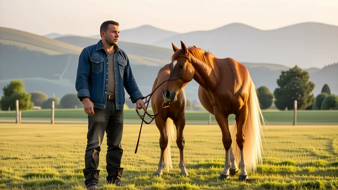 Un hombre español observa su caballo