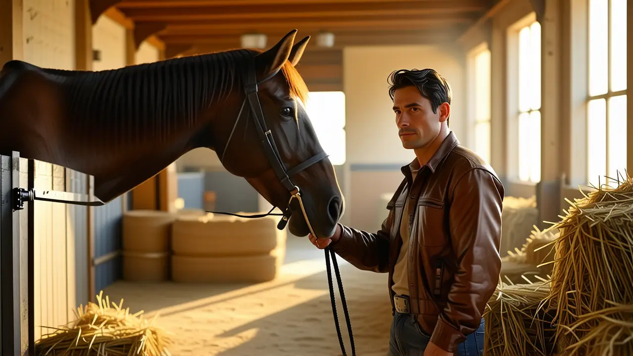 Un hombre serio domando su caballo