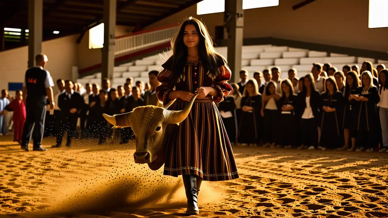 Una mujer española observa un toro en arena