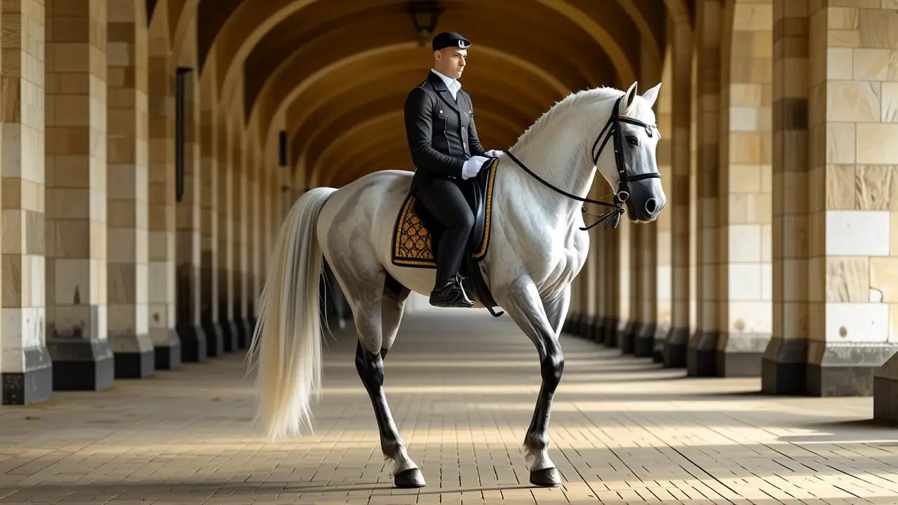 Un jinete español majestuoso exhibe su caballo