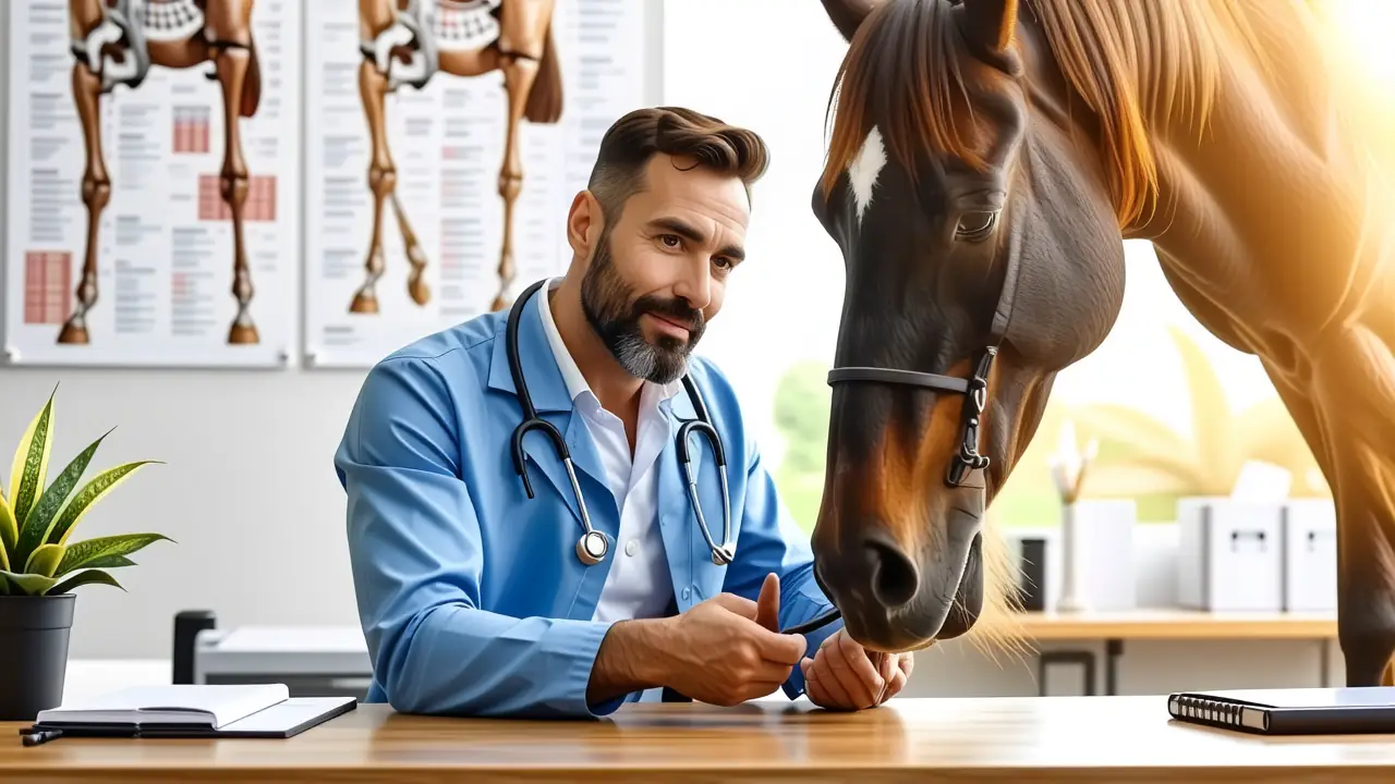 Veterinario examina caballo con atención serena