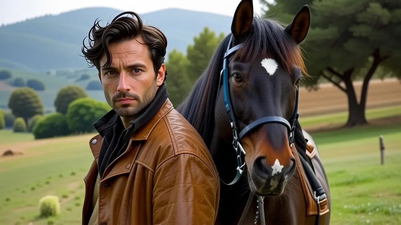 Un hombre pensativo observa su caballo en Andalucía