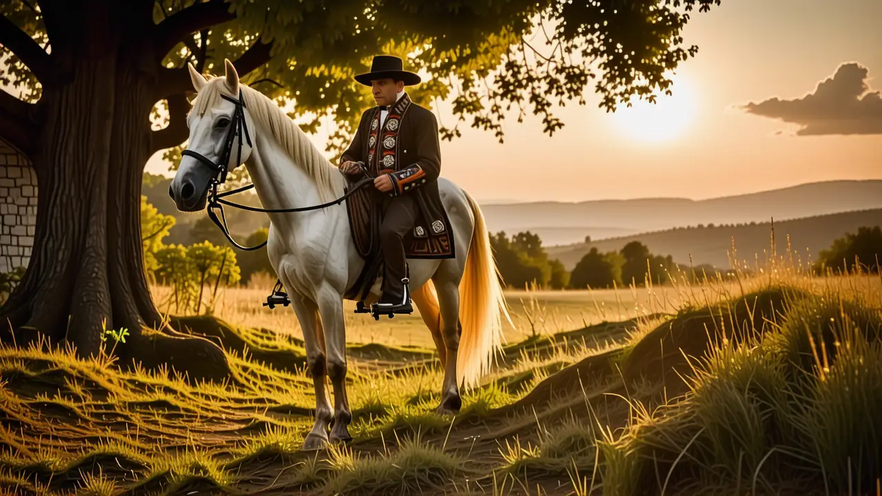 Un hombre elegante monta a caballo dorado