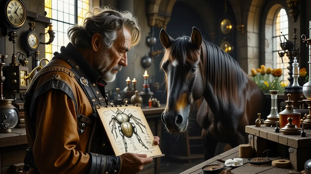 Un hombre contemplativo sostiene un dibujo anatómico en un taller onírico