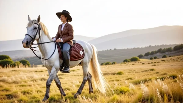 Un jinete español contempla su yegua en Andalucía