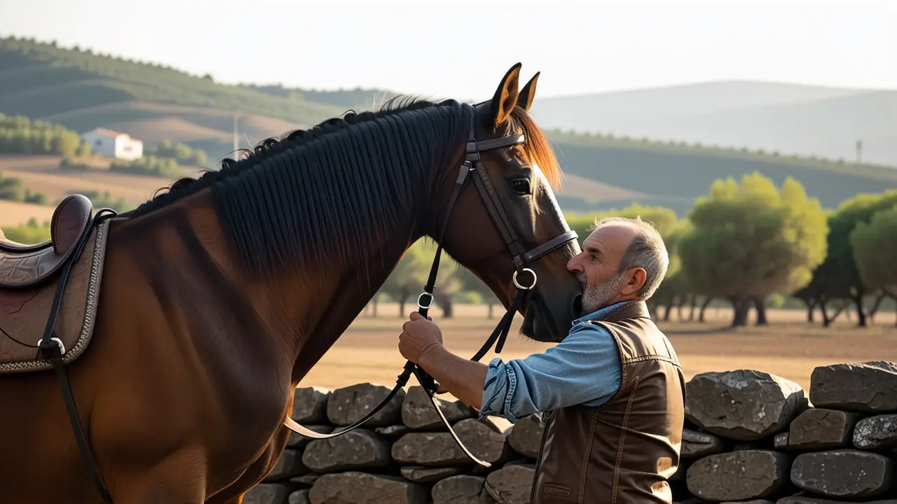 Un hombre español guía su caballo sereno
