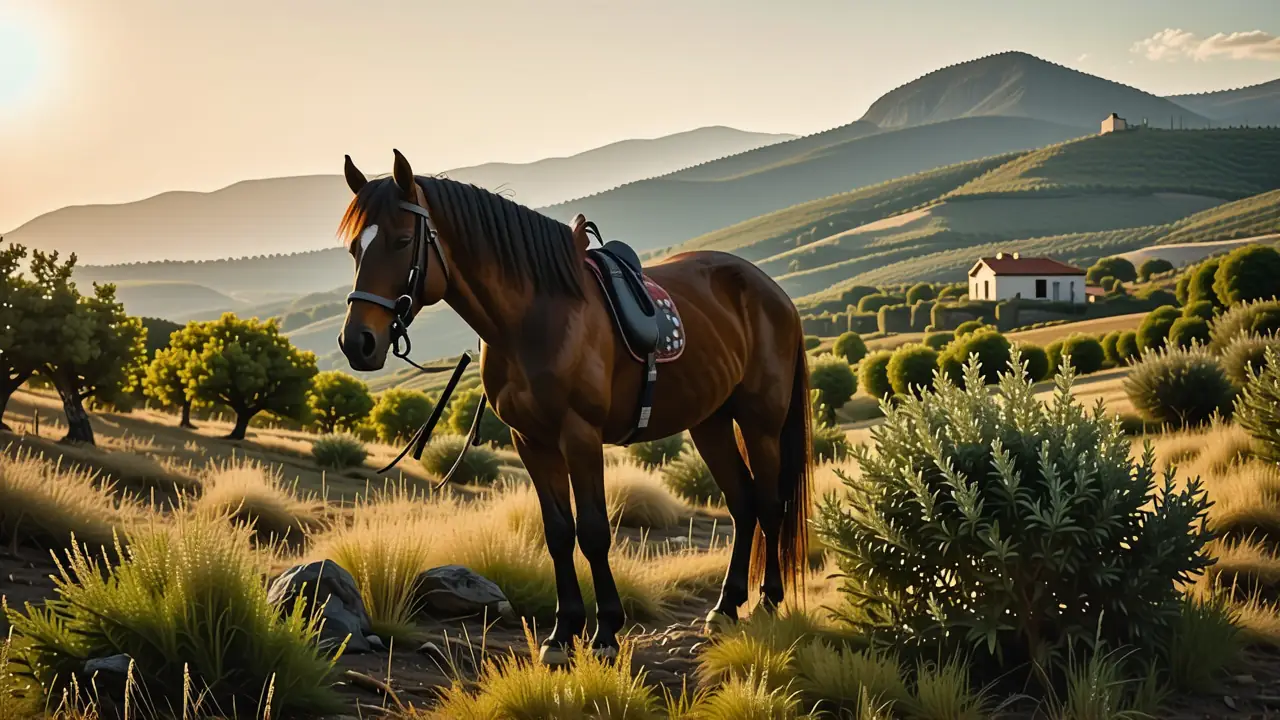 Un hombre pensativo observa su caballo en Andalucía