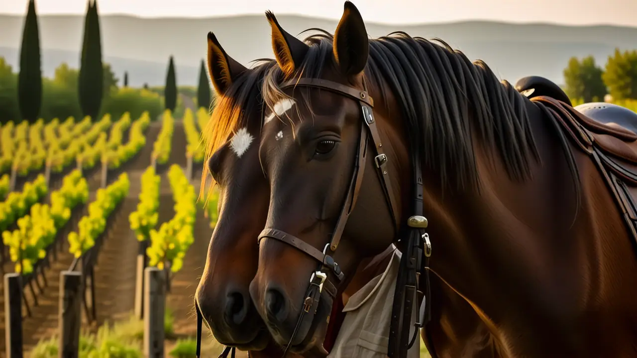 Un hombre pensativo contempla su caballo en Toscana