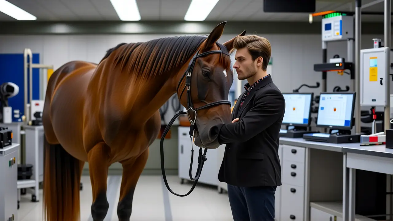 Un joven veterinario observa un caballo en laboratorio