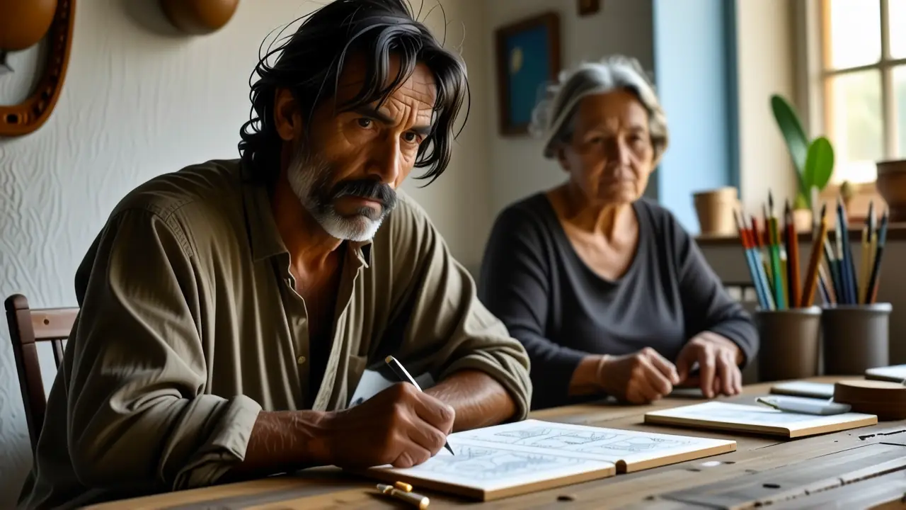 Un hombre melancólico se retrata en estudio