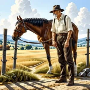 Un granjero español contempla su yegua