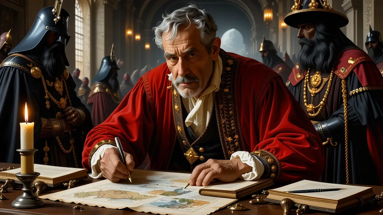 Un noble español firma un documento sombrío