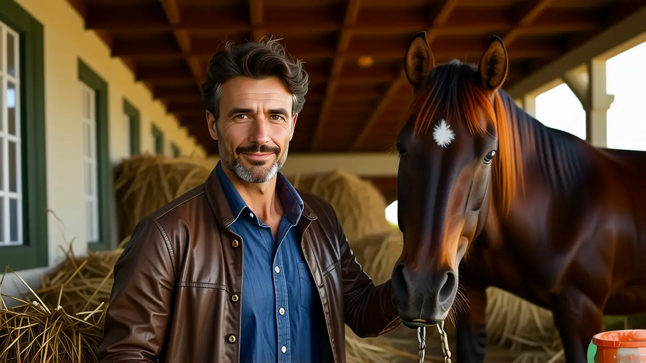 Un hombre amable observa su caballo en granero