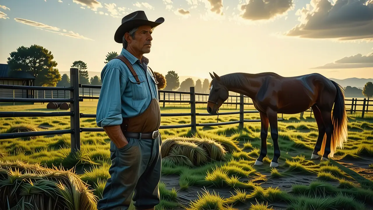 Un hombre observa un caballo sereno