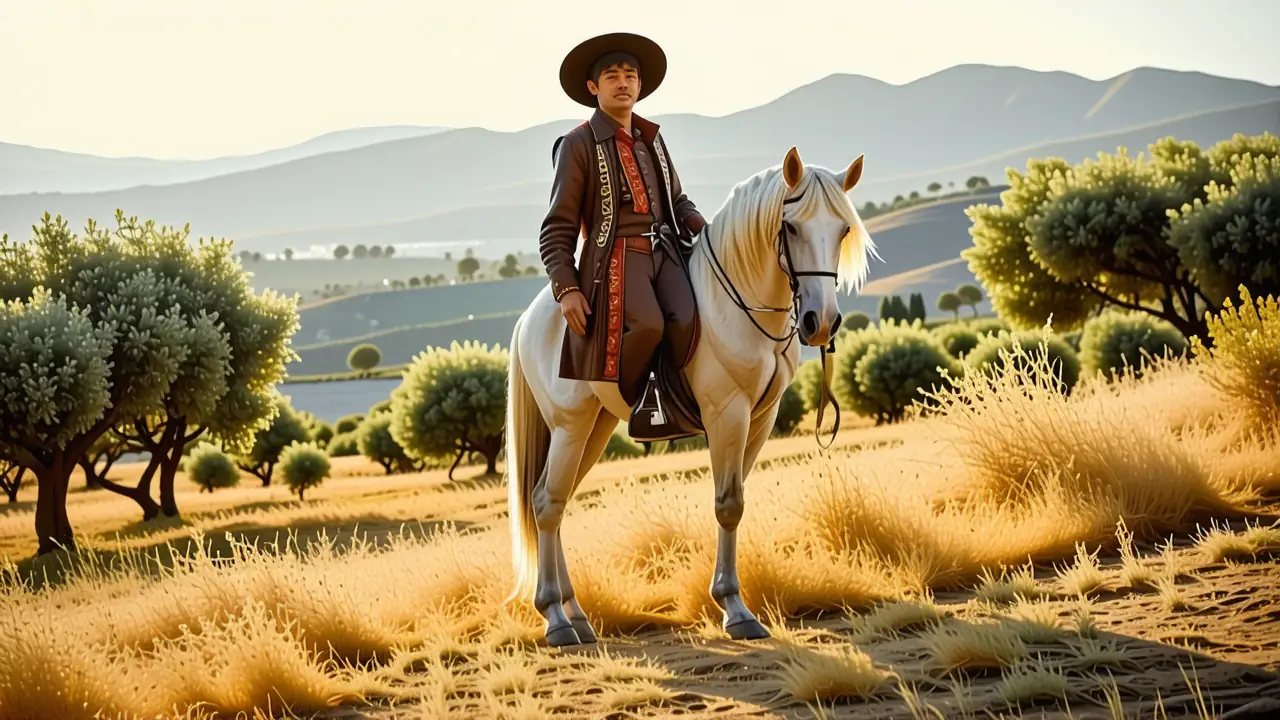 Un jinete español paloma en paisaje dorado