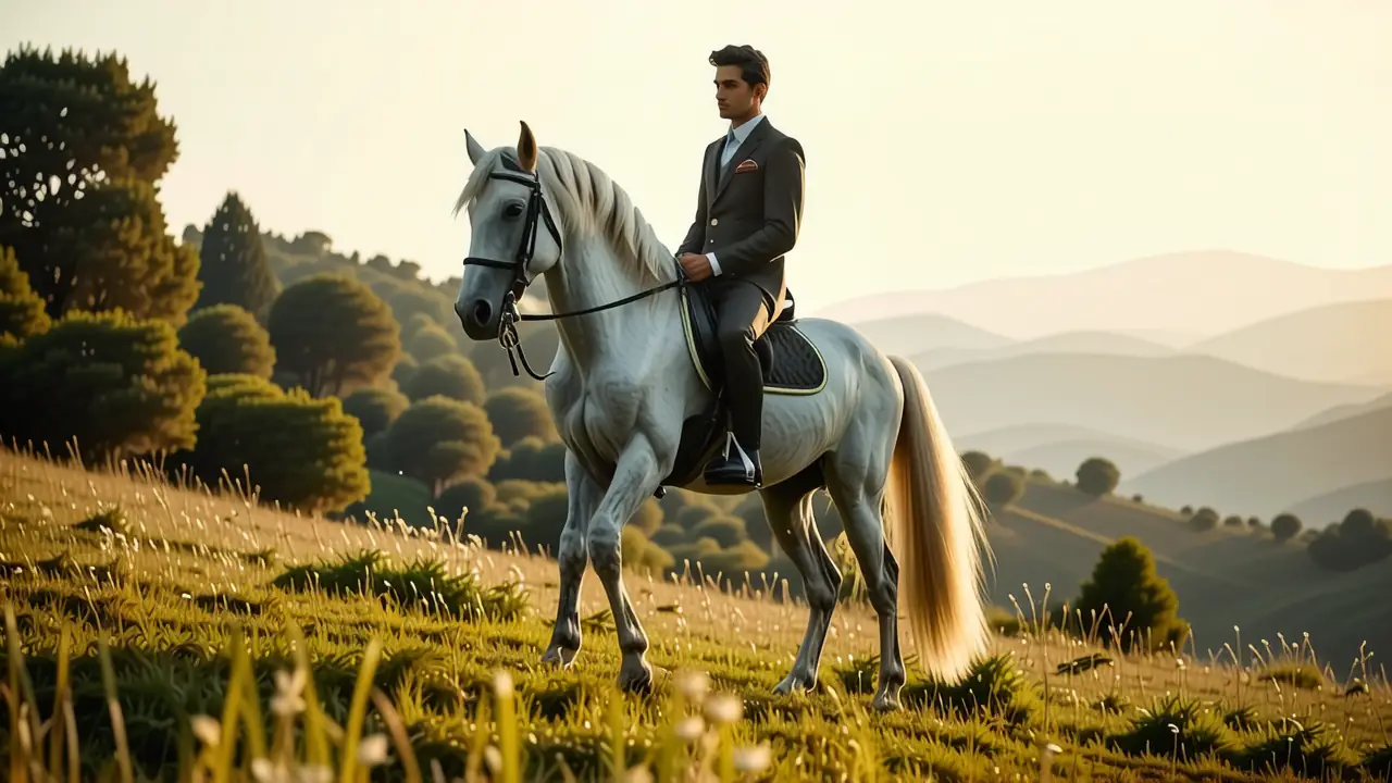 Un jinete español contempla su palomino en Andalucía