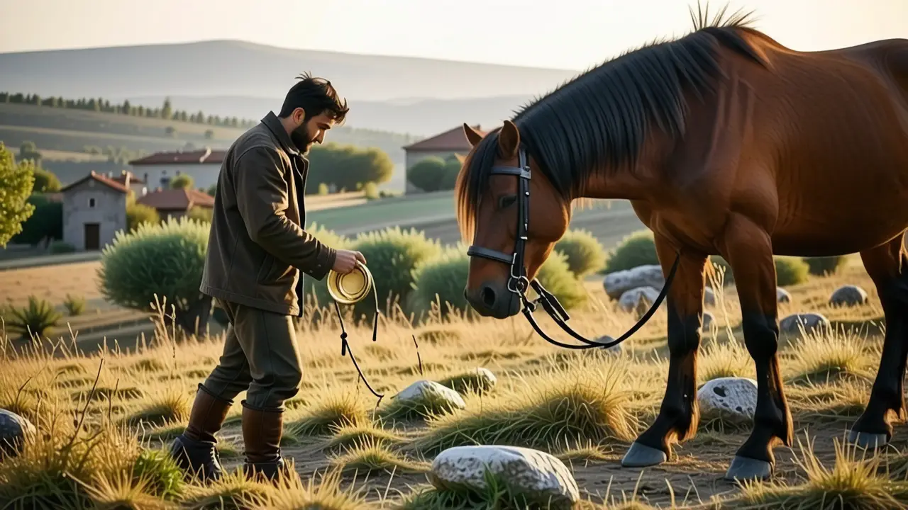 Un jinete español examina su caballo en Andalucía