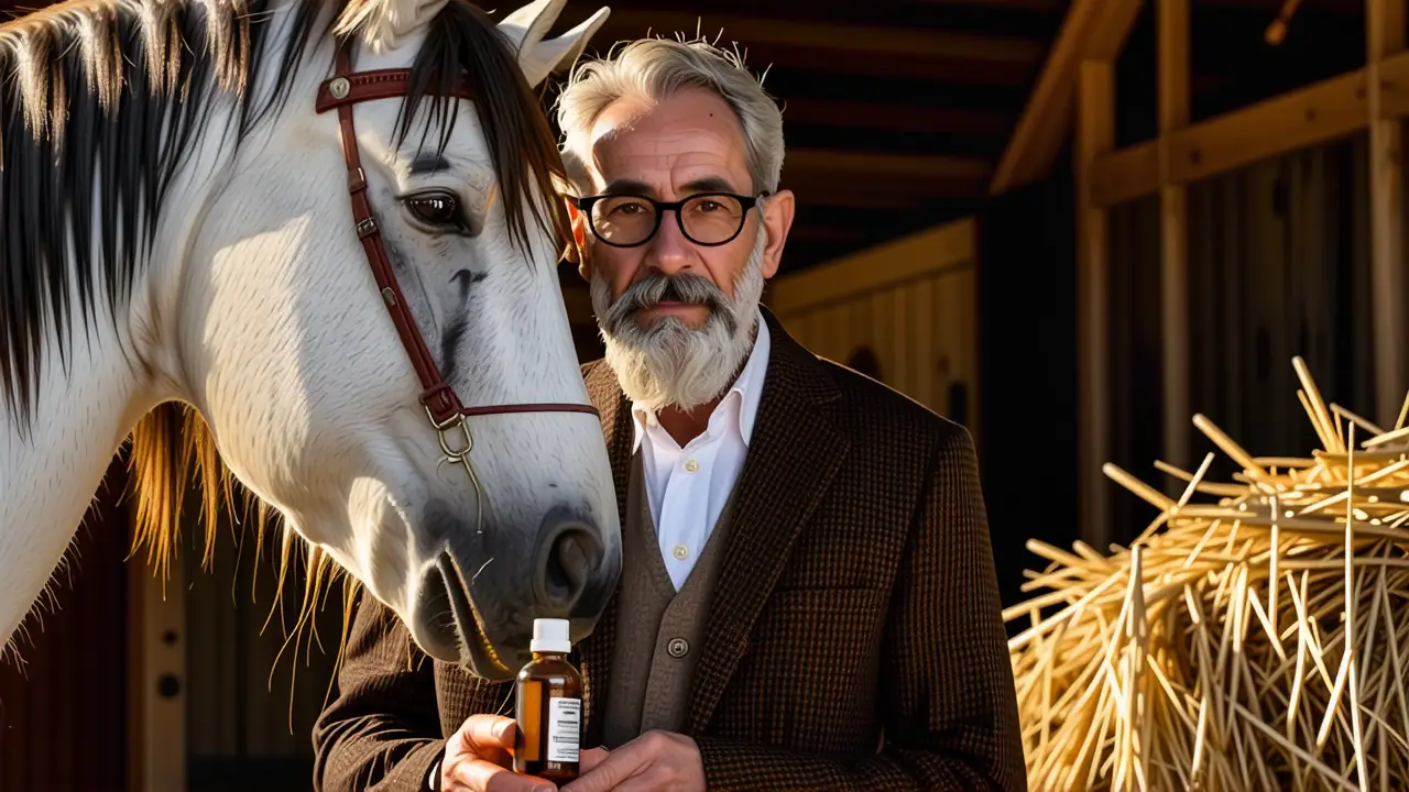 Un veterinario español amable examina un caballo