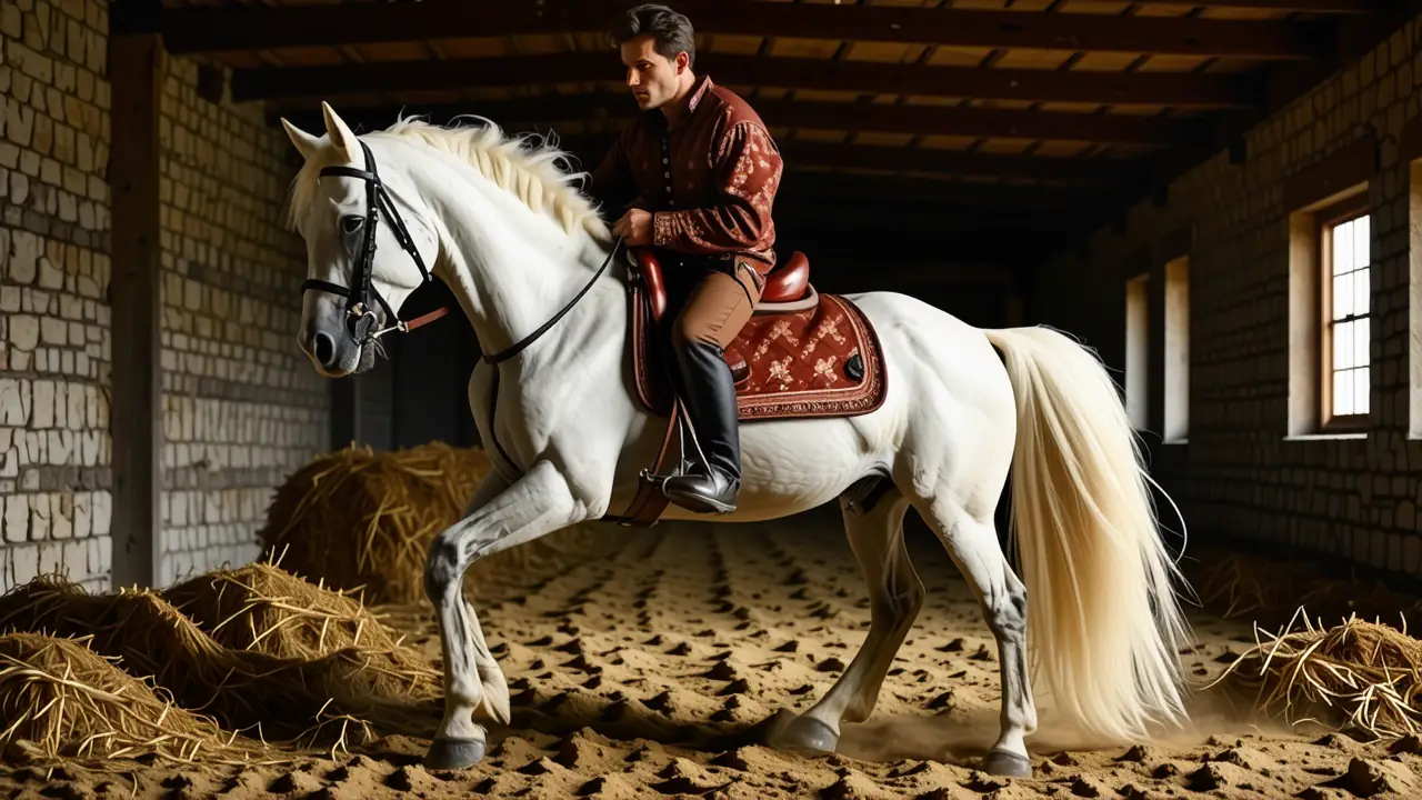 Un hombre elegante monta un caballo en establo barroco