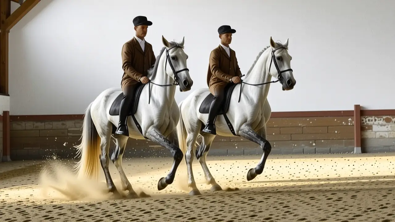 Un jinete español domina caballos en arena