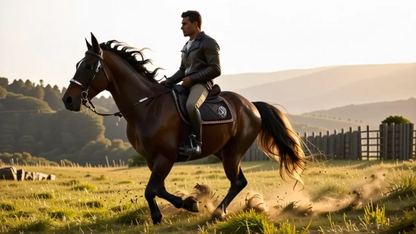 Un jinete español galopa en la tarde