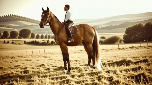 Un jinete español serio pastorea en España