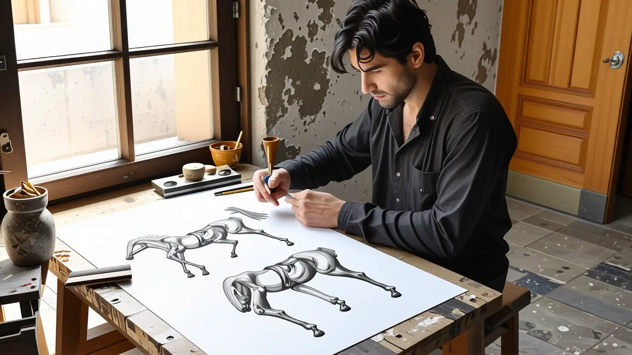 Un artista estudia un caballo con detalle