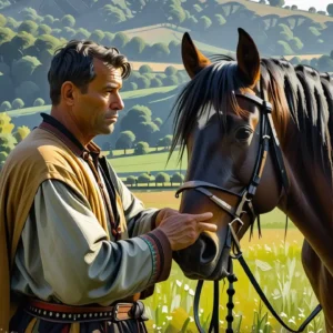 Un hombre español ayuda a caballo
