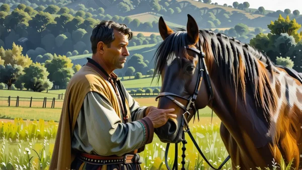 Un hombre español ayuda a caballo