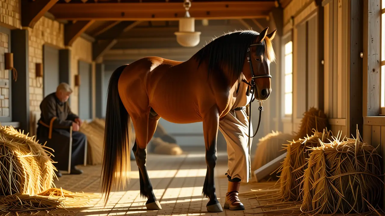 Un hombre español cuida pacientemente su caballo