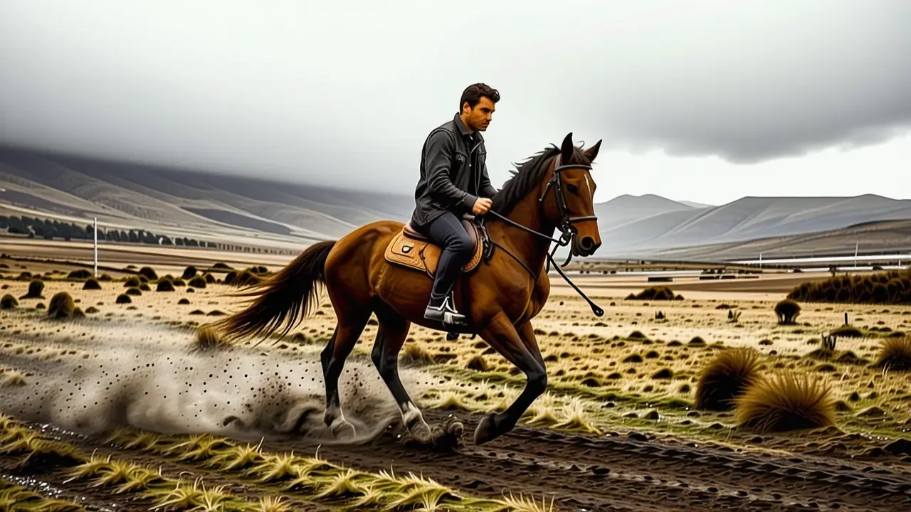 Un hombre elegante galopa en tormenta