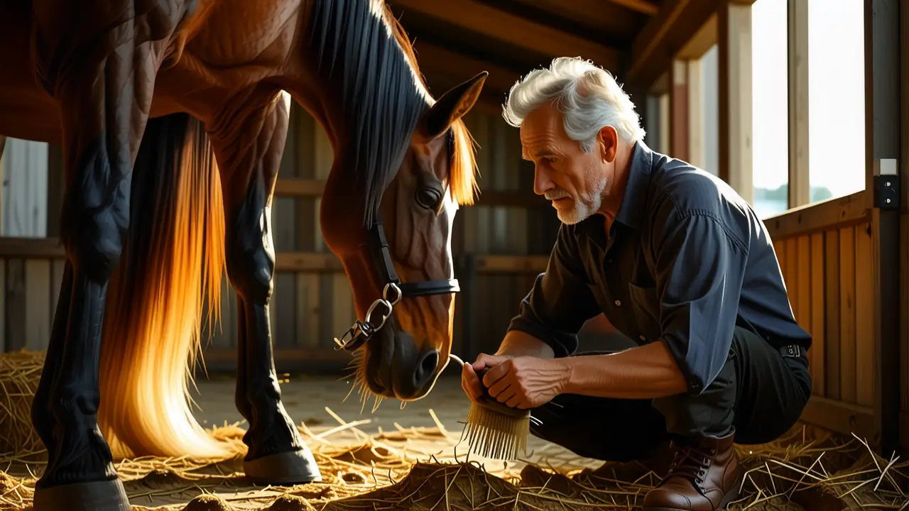 Un hombre español cuida un caballo