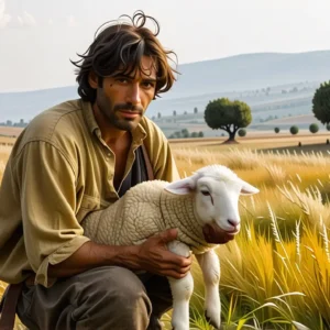 Un hombre español realista observa cordialmente una oveja