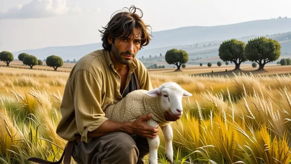 Un hombre español realista observa cordialmente una oveja