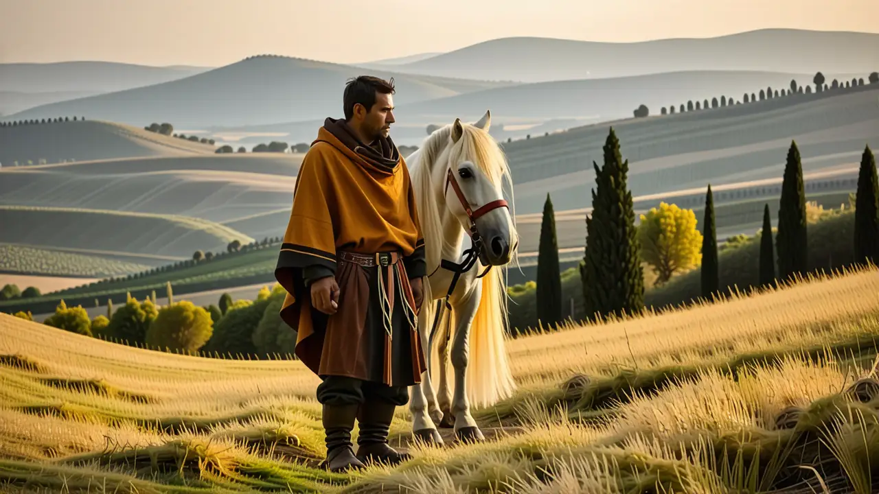 Un palomino junto a un hombre pensativo