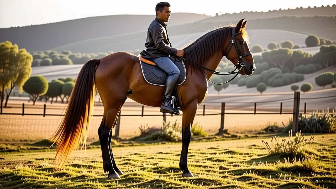 Un jinete español serio monta su caballo