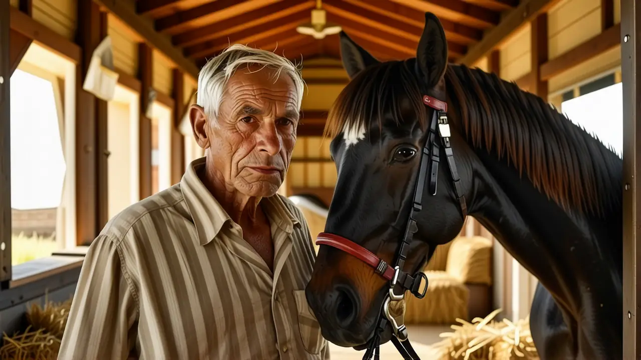 Un anciano granjero cuida su caballo