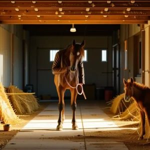 Un joven contempla su caballo en luz dorada