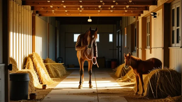 Un joven contempla su caballo en luz dorada