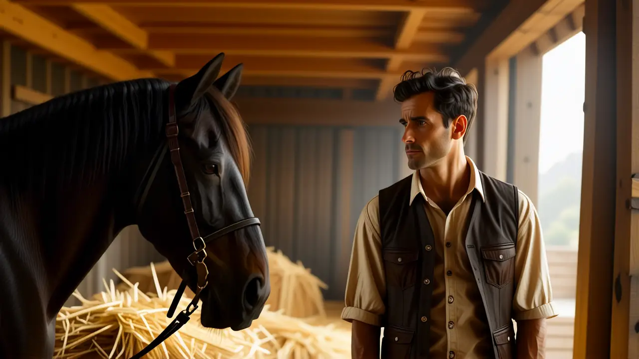 Un hombre pensativo observa su caballo en establo