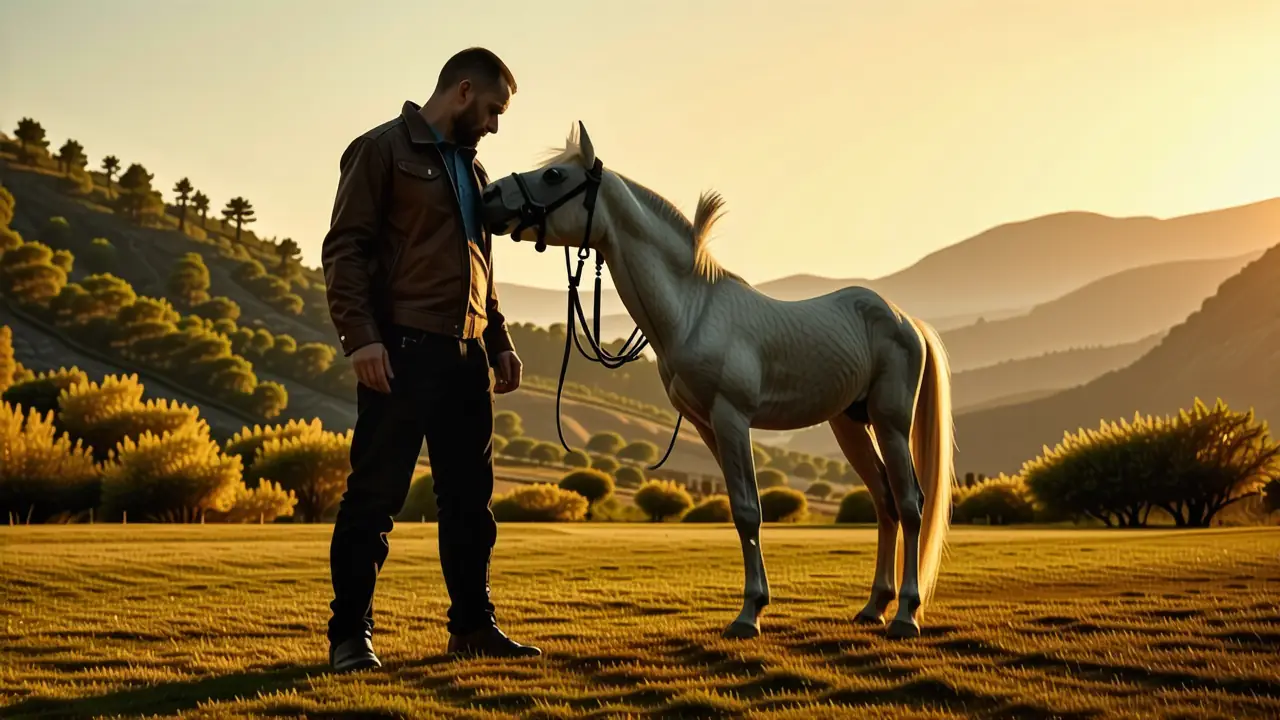 Un hombre español domador observa su caballo