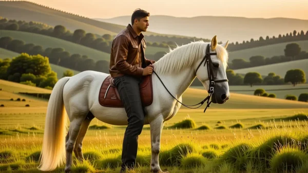 Un hombre español confiado monta su caballo