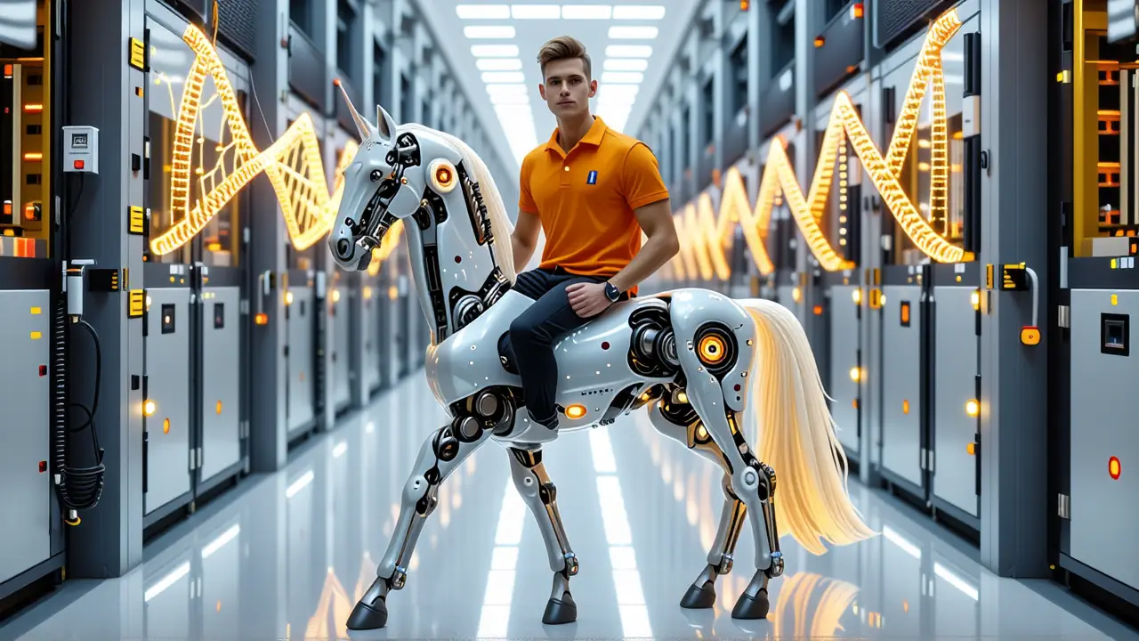 Un hombre futurista monta un caballo robótico